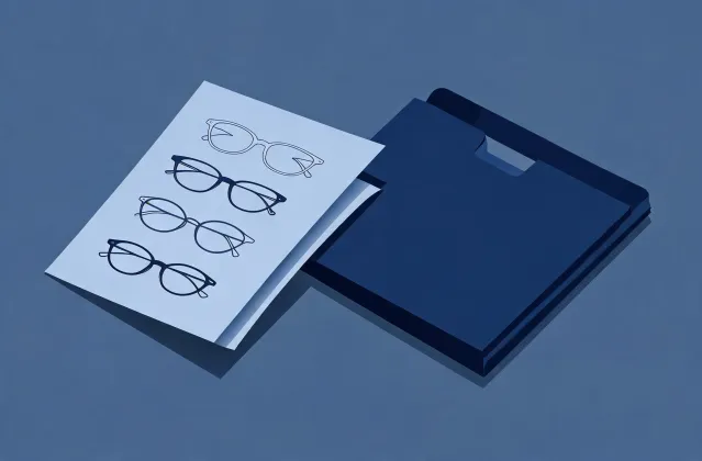 Illustration of an optical frames specification brief handing off to a quotation folder